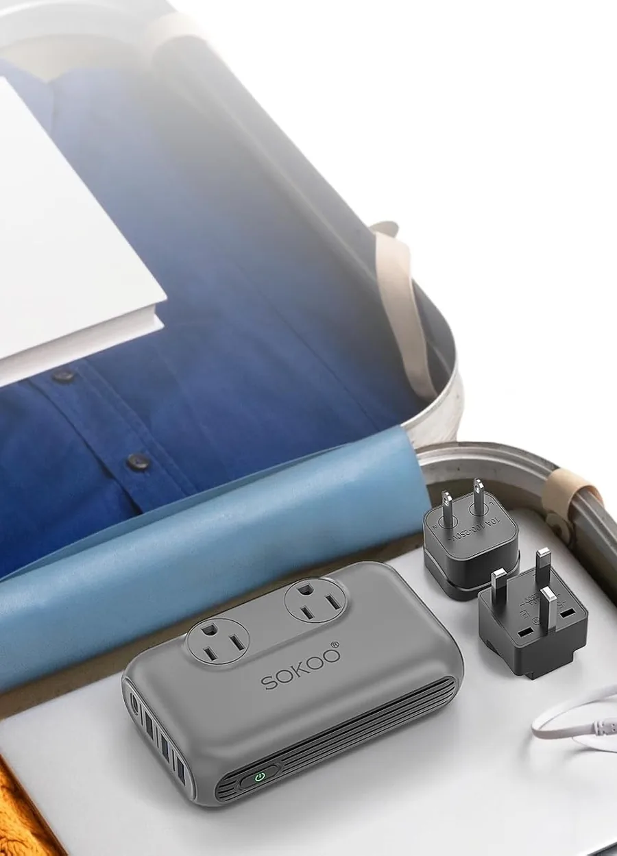 SOKOO compact converter and plug adapters packed in a suitcase