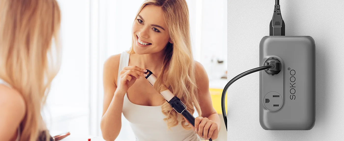 Curling hair with a US curling iron plugged into a SOKOO voltage converter